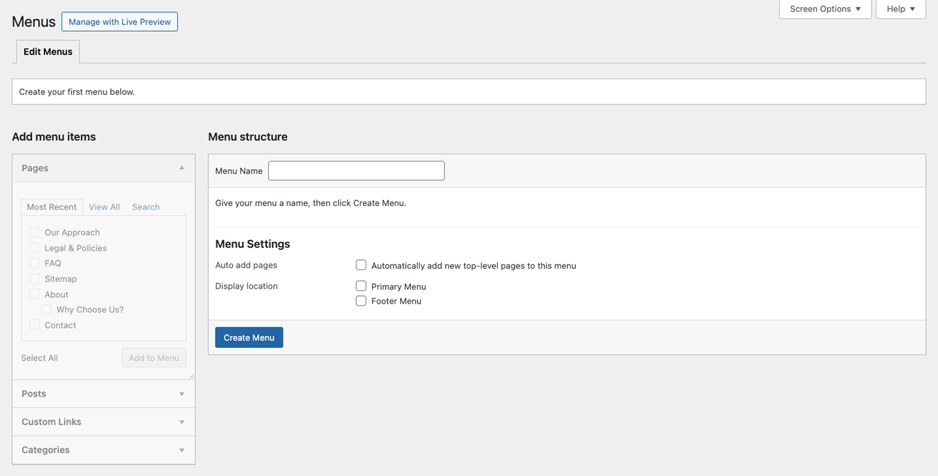 WordPress menu creation interface