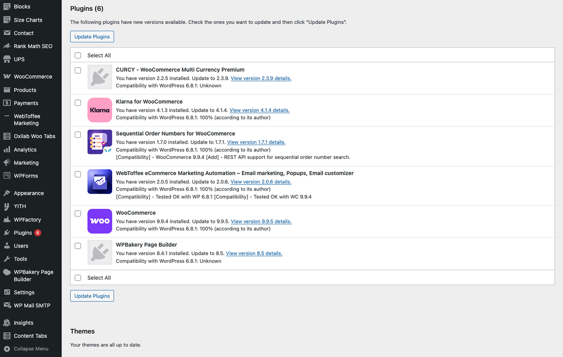 WordPress maintenance dashboard showing update notifications panel