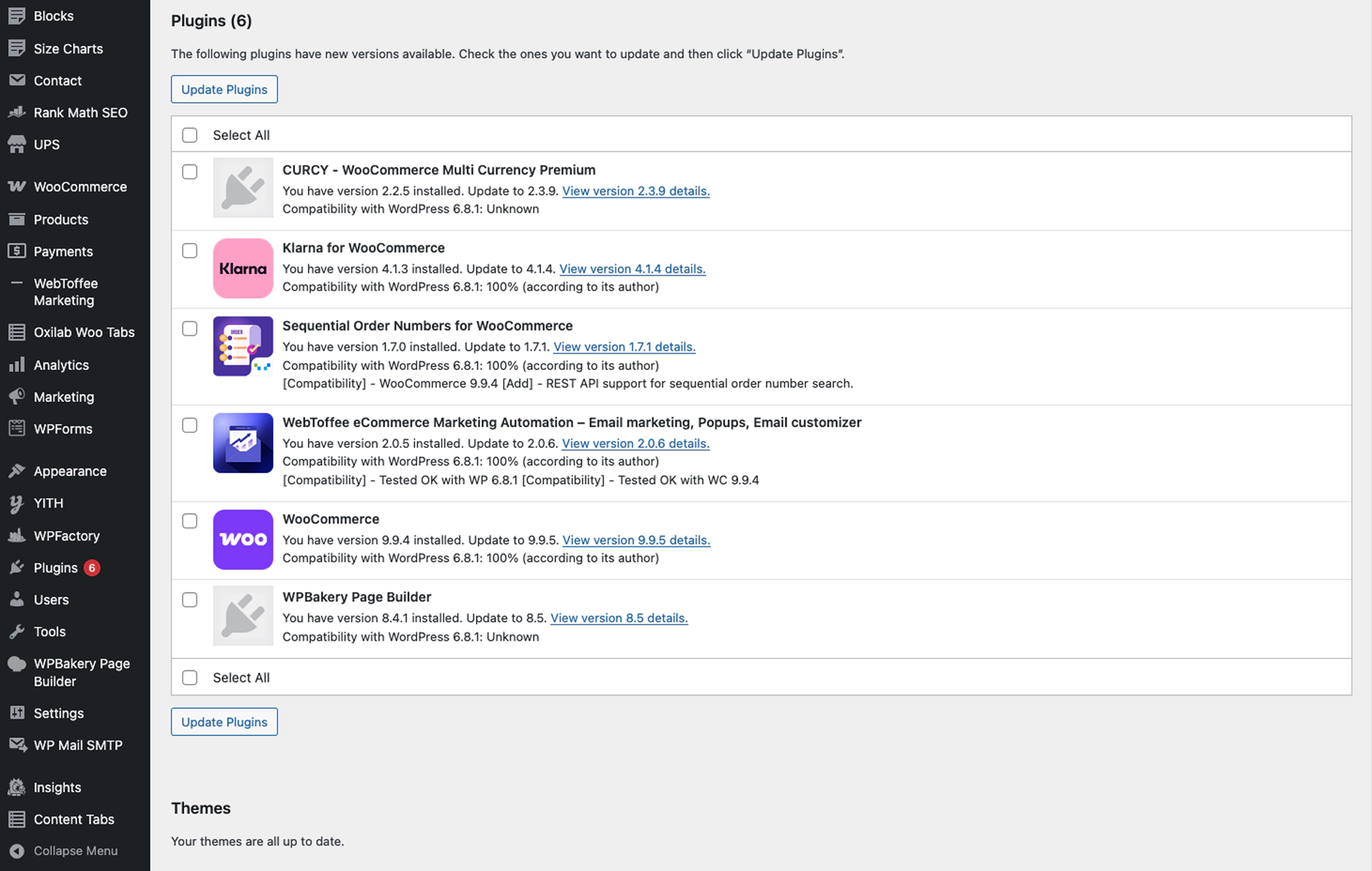 WordPress maintenance dashboard showing update notifications panel