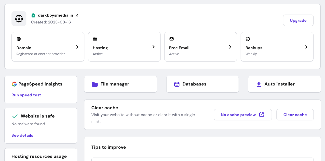 Hostinger Panel website's Overview